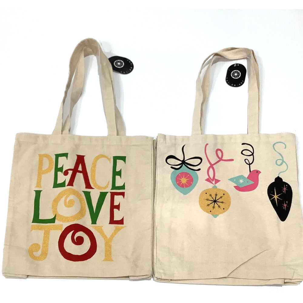 TWO Christmas Holiday Canvas Shopping Tote Bag NWT